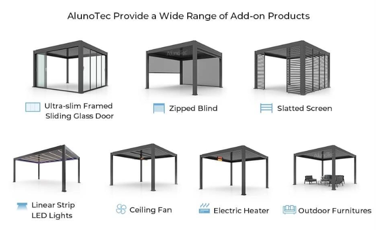 AlunoTec Pergola Add-ons: Sliding Door, Zipped Blind, LED Lights, Heaters